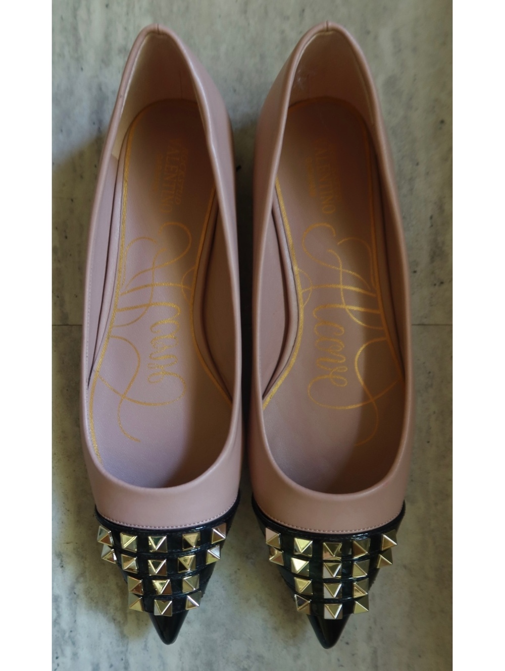 Valentino Garavani Beige Leather Rockstud Pointed Toe Ballet Flats